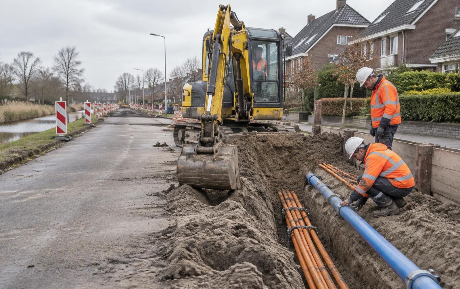 Graafmachine en vakmensen aan het werk bij ondergrondse infrastructuur